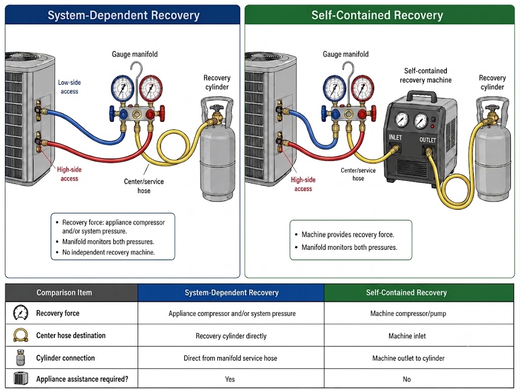 Side-by-side comparison showing system-dependent recovery relying on appliance components or refrigerant pressure and self-contained recovery using an independent recovery machine to transfer refrigerant to a recovery cylinder